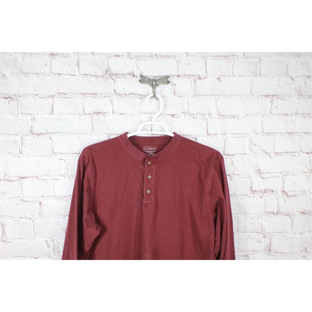 LL Bean Carefree Unshrinkable Tee Traditional Fit Long-Sleeve Henley Red L - Picture 2 of 9